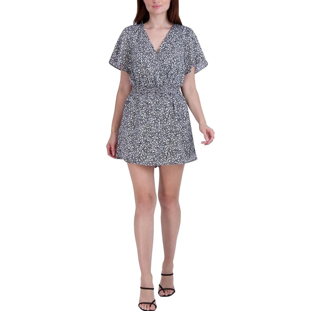 BCBGeneration Womens Black White Floral V-Neck Smocked Waist Romper Size 12‎
